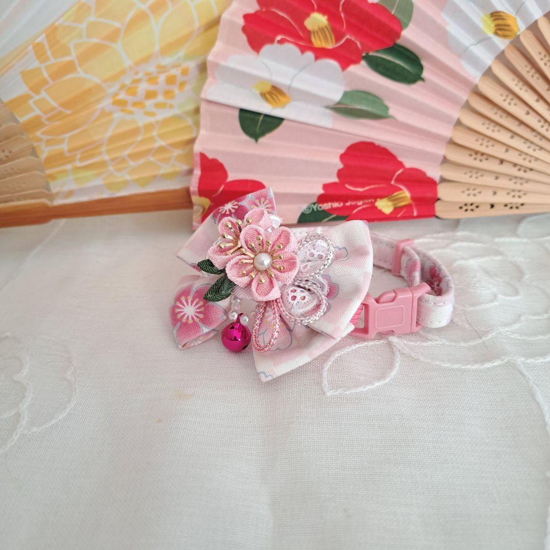 お正月、つまみ細工リボン(ピンク①)わんちゃん猫ちゃん用首輪