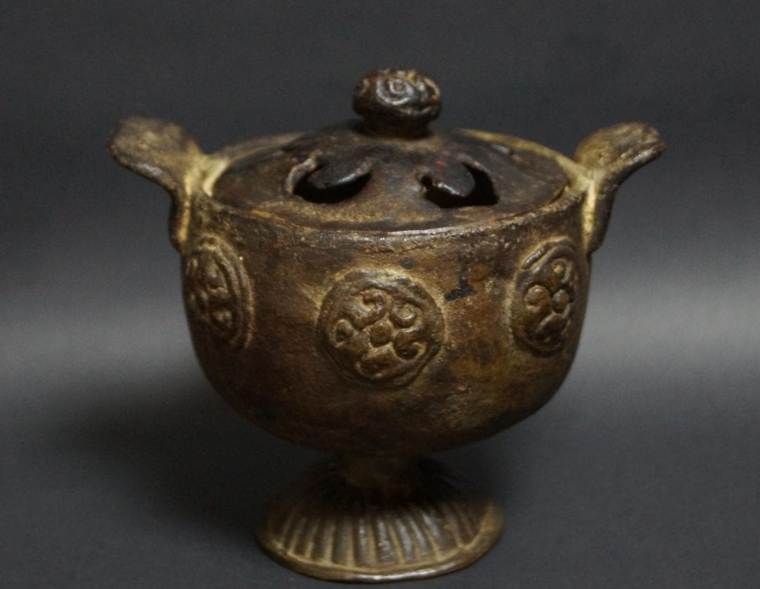 江戸期 蓮形 古銅製薫香炉 金工細工浮彫『円渦文』寺院香炉 ★時代物★