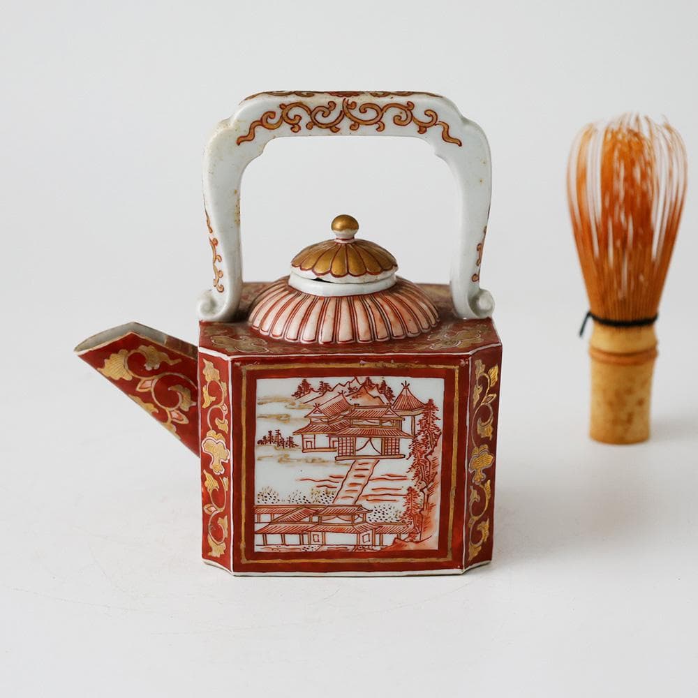 時代年代物 九谷焼 赤絵金彩唐草楼閣図 水注 酒器 煎茶器