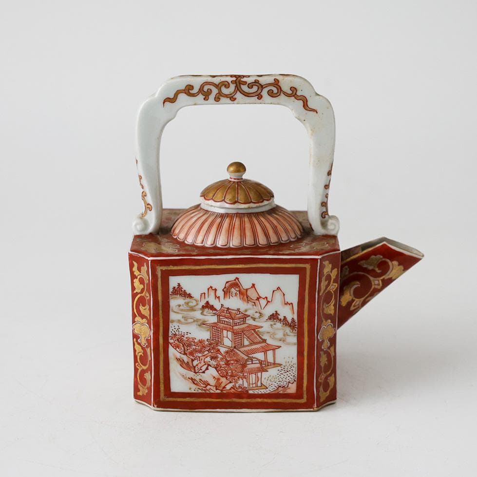 時代年代物 九谷焼 赤絵金彩唐草楼閣図 水注 酒器 煎茶器