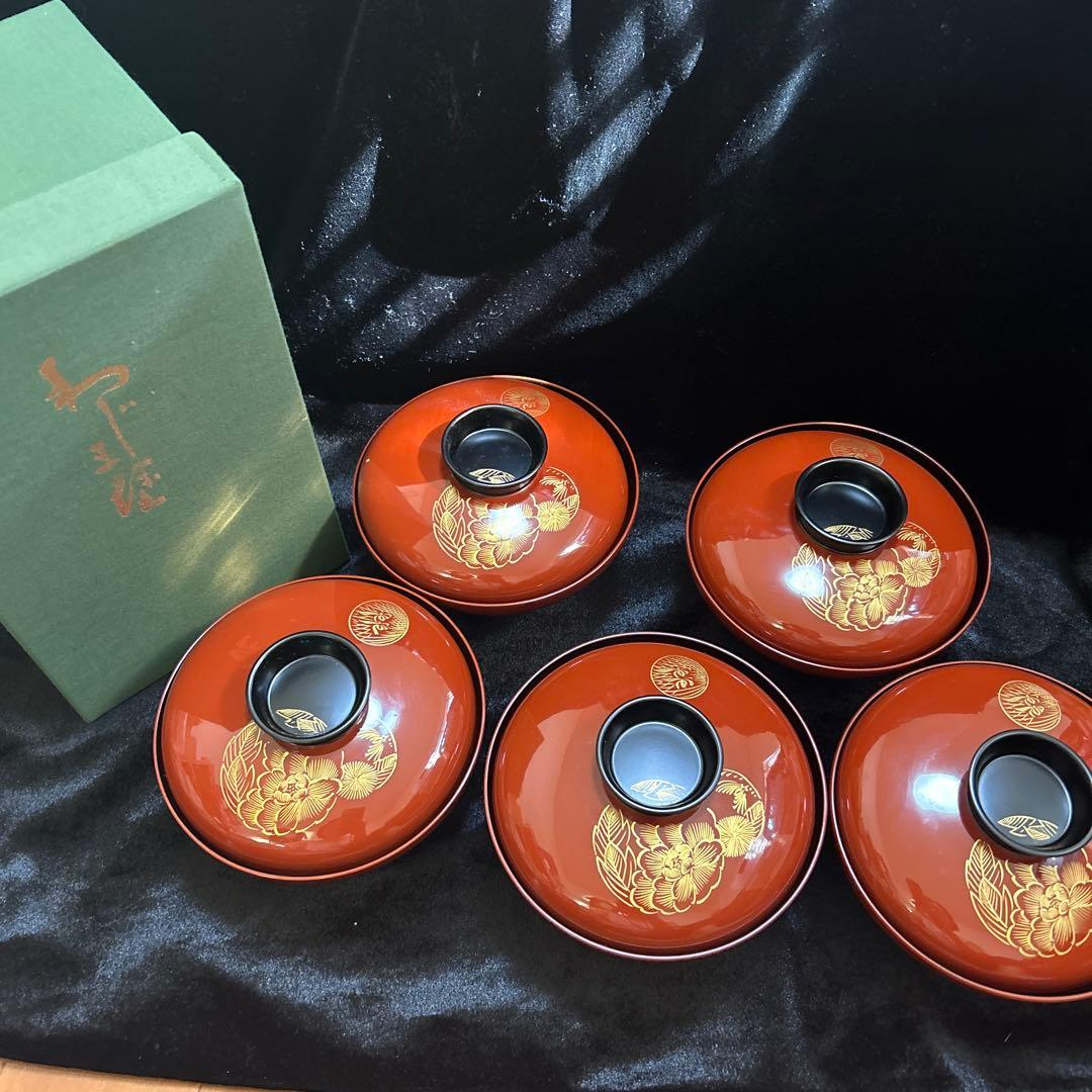 輪島塗　赤色漆器 5個セット 椀 金色花模様　⑤