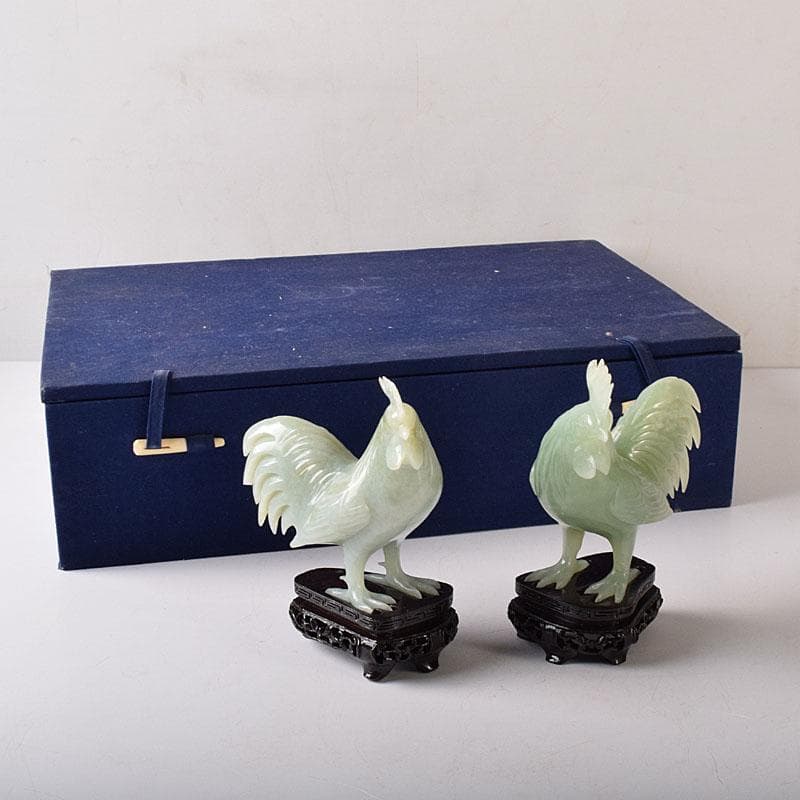 中国　玉石彫刻　鶏　鳥　一対　置物　香炉　唐木台付　C　7651C