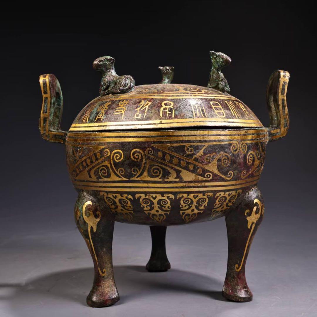 中国古美術・旧蔵搓金銀装飾付き銘文入り双耳三脚円鼎炉・青銅・純手作り・置物・茶道