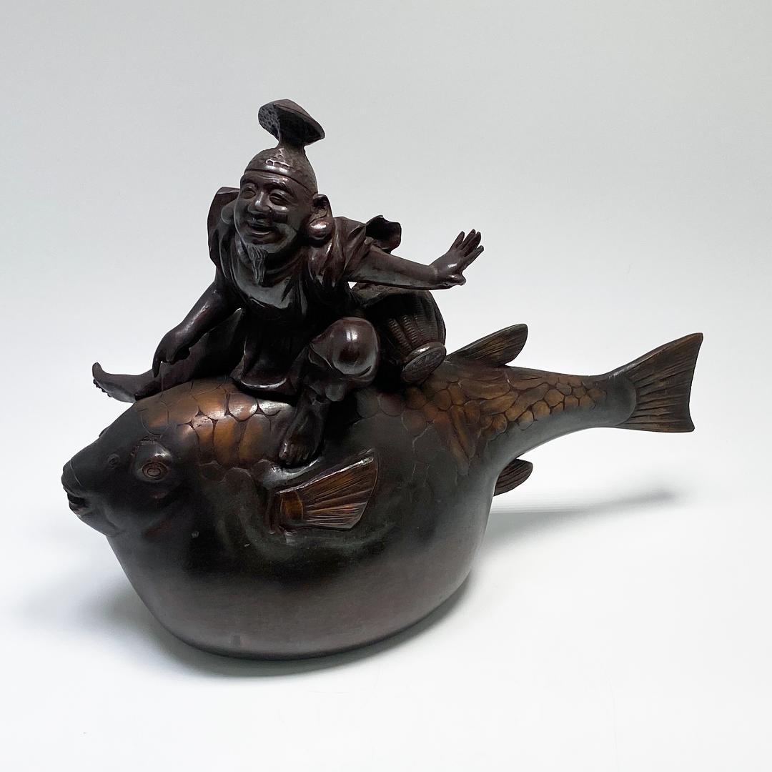 希少 高村泰正 作 唐銅製 河豚 恵比寿様 のったり 置物