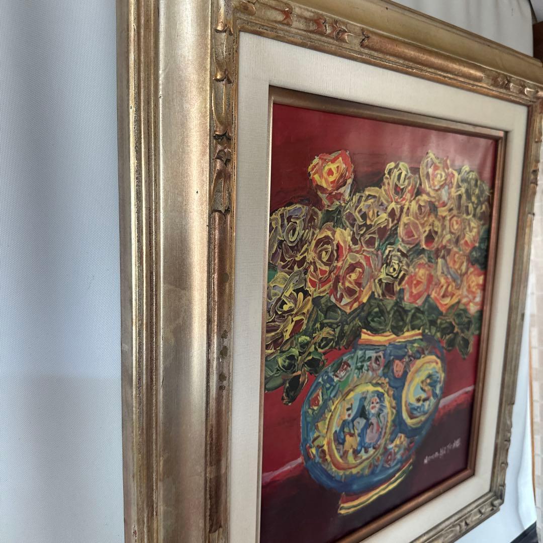 野間仁根　油彩　大きい薔薇の絵画静物画　キャンバス画　美術品洋画名画　インテリア