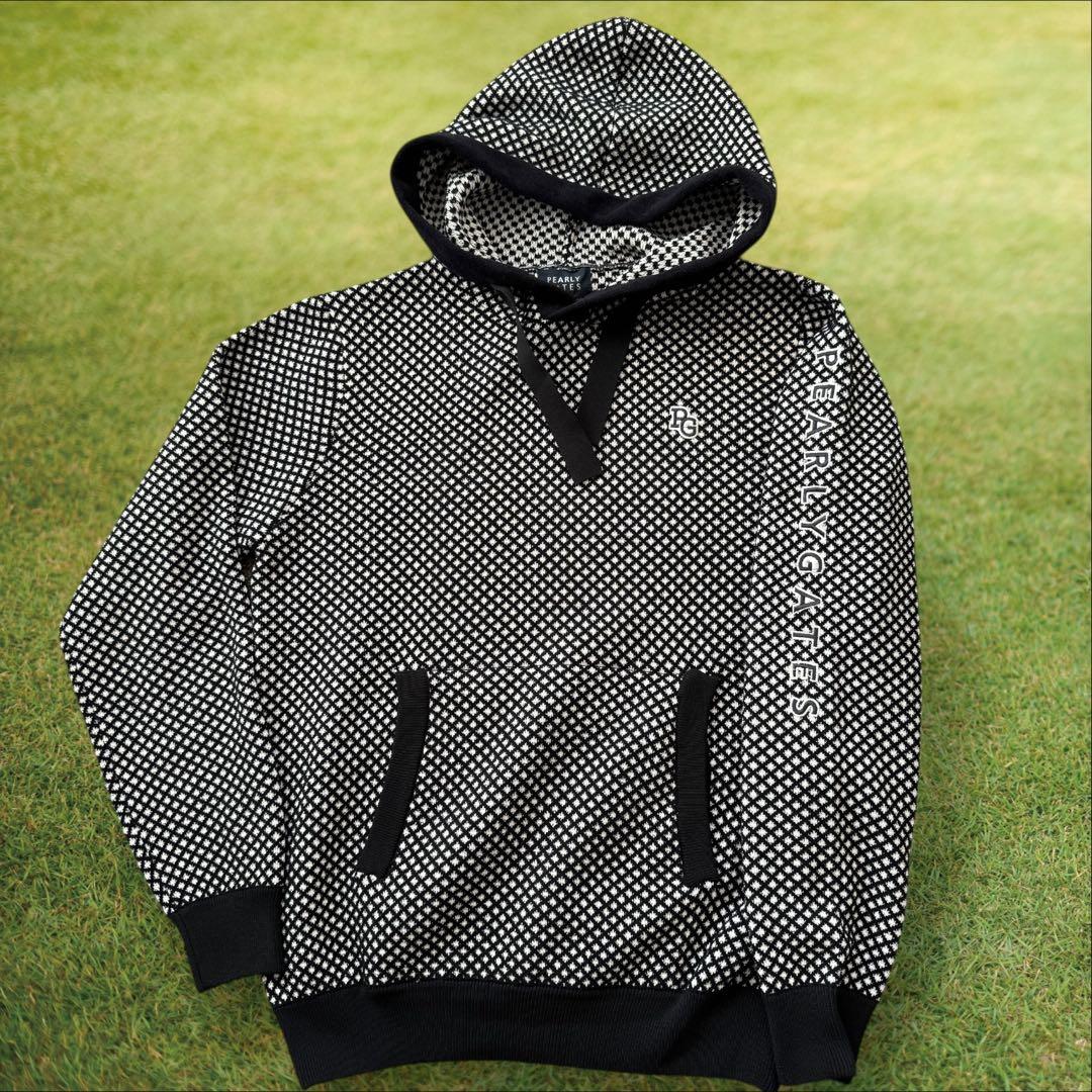 パーリーゲイツ　ニット　パーカー　M〜L相当　白　黒　チェック　総柄　4