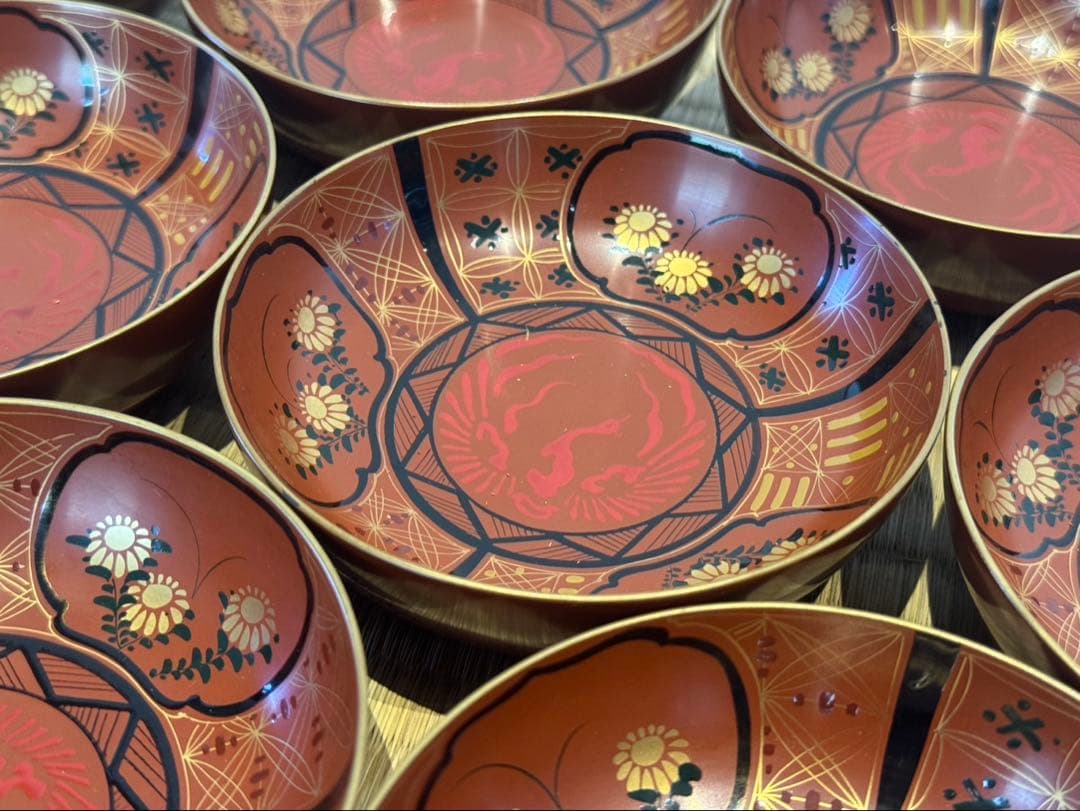 大内塗 草花 鳳凰紋 銘々皿 9客 小皿 懐石料理道具 漆器 木皿