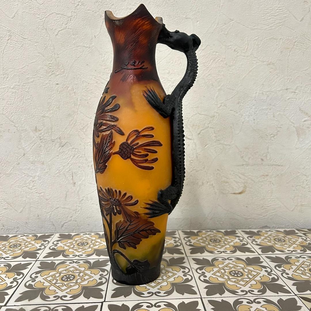 エミール　ガレ風　花瓶　被せガラス　蜥蜴紋　　 高さ30ｃｍ