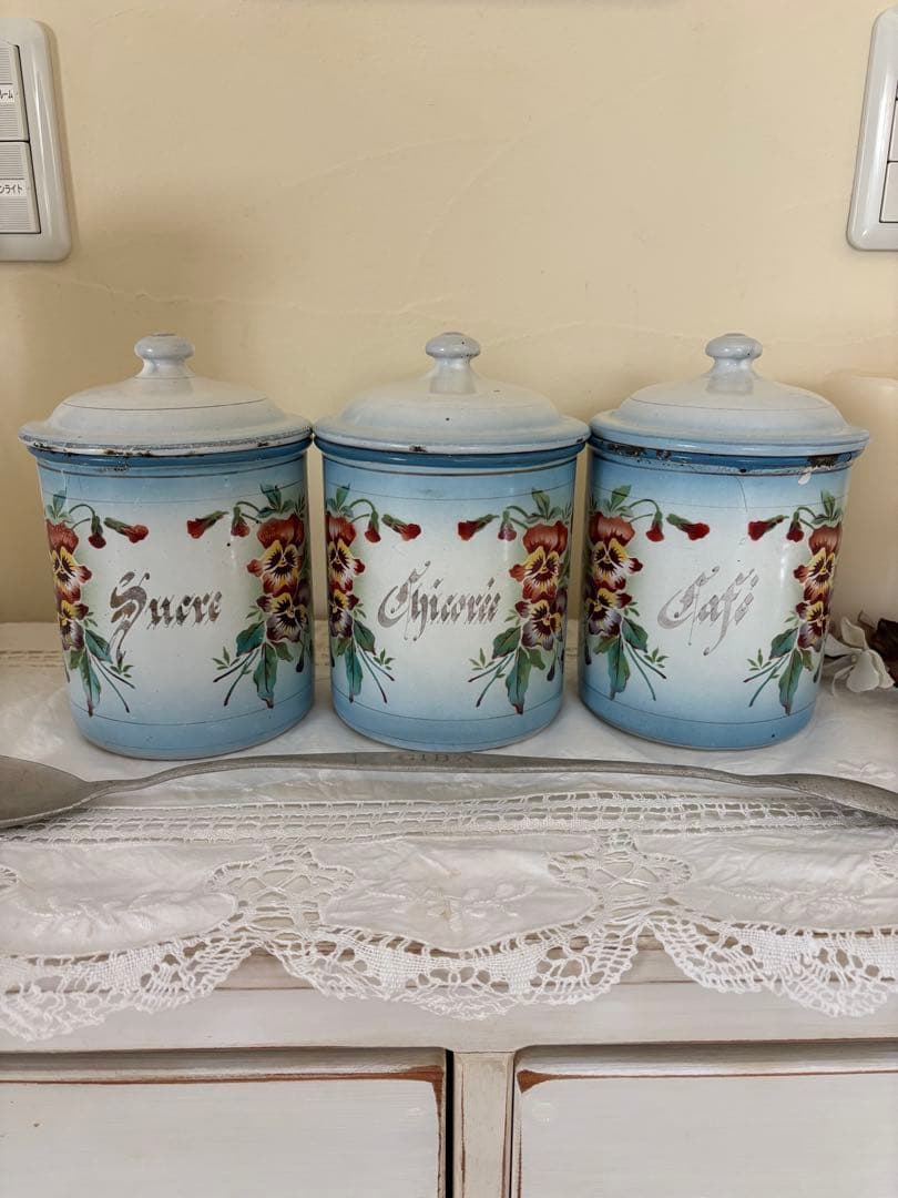 フランスアンティーク♡Japyダブルパンジー柄キャニスター３個セット　希少❣️