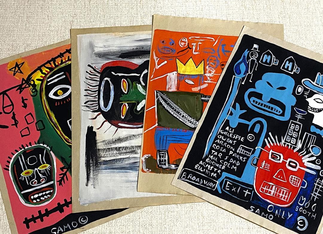 【まとめ売り4枚】模写 肉筆 サインあり ジャン・ミシェル・バスキア 油彩