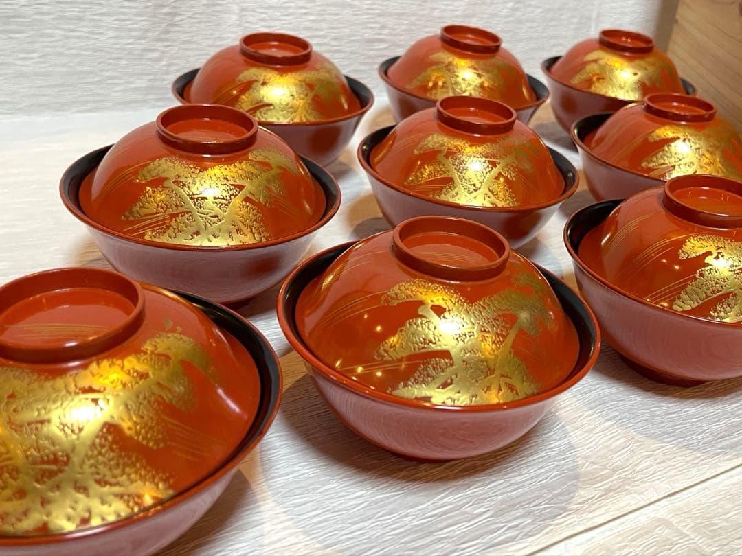 時代　漆器 吸物椀 10個セット 赤色 金蒔絵173