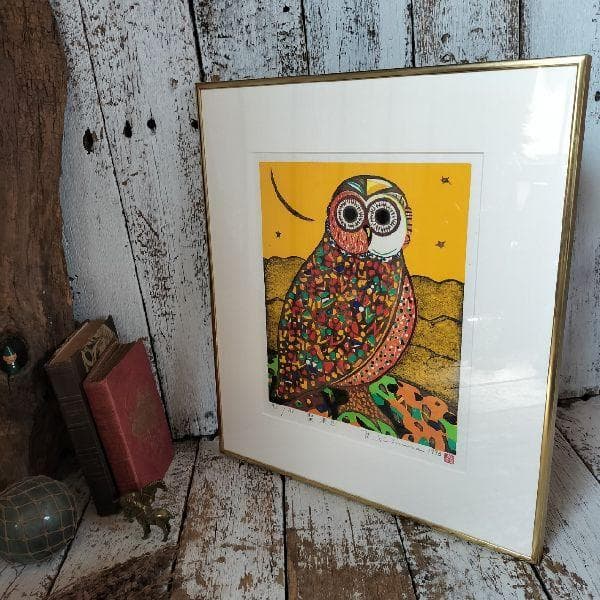 木村義治 作 直筆サイン入り 木版画 聖者B 45/85 限定 梟 ふくろう