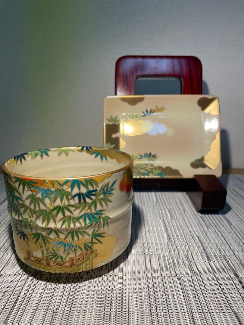 127桑野むつ子 京都 御所の花十二ヶ月【1月 河竹】抹茶椀・和陶皿 しおり付