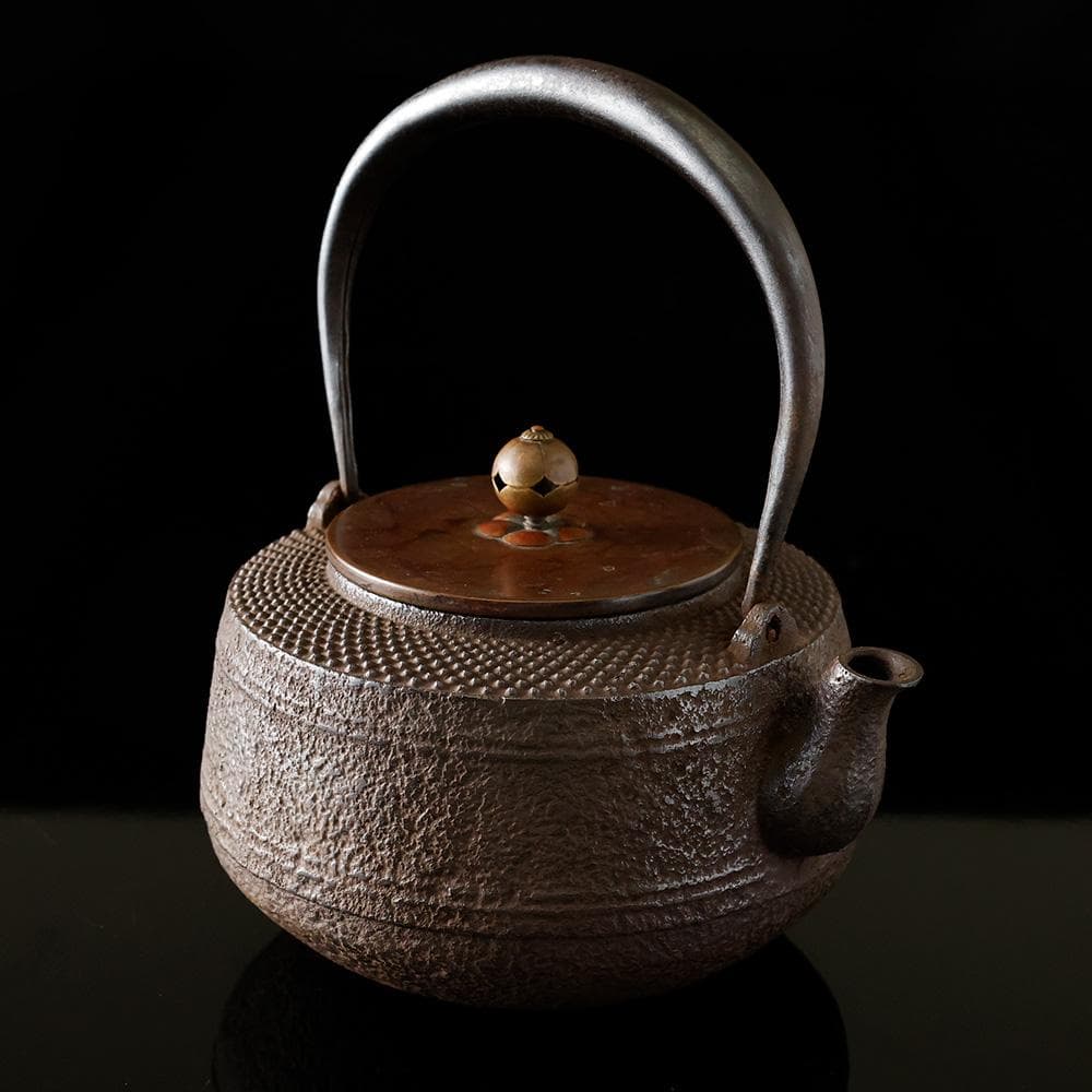 南部鉄器 鉄瓶 銅蓋 霰 岩肌 煎茶道具 黄布