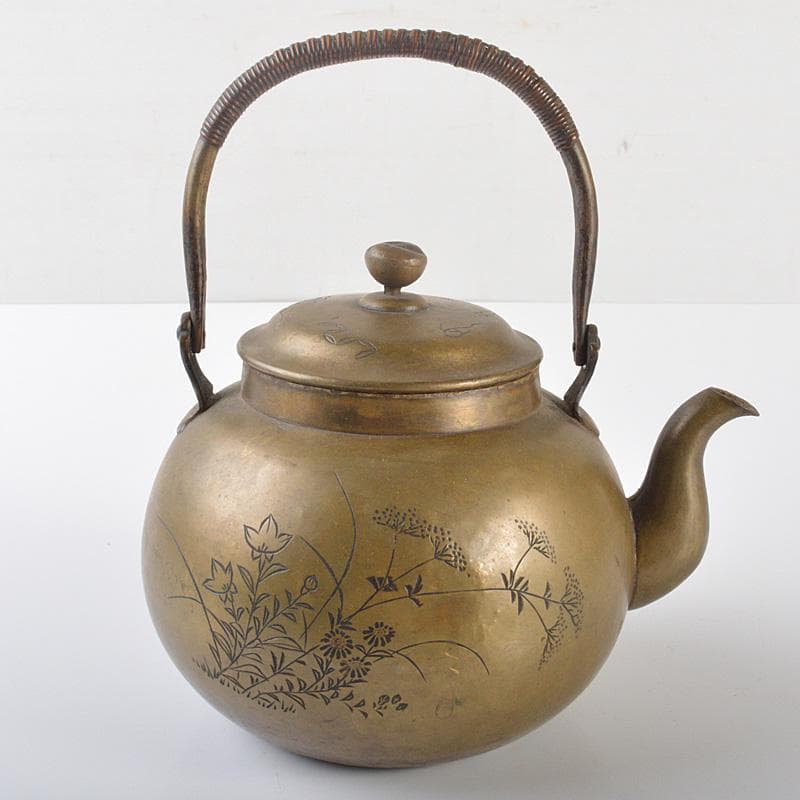 煎茶道具　銅製　彫金花文　湯沸し　水次　薬缶　D　R6514