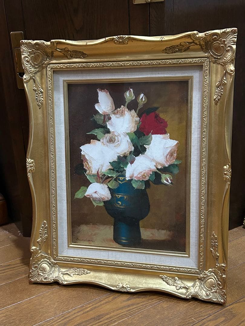 最終値下げ　内田　晃　作品　油絵　バラの花束 油彩画 金色フレーム