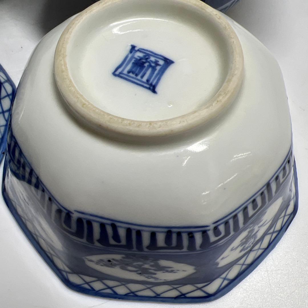 古伊万里　染付八角向付9客　木箱付　口径約12.5㎝東Y7-1225☆2Fタサチ