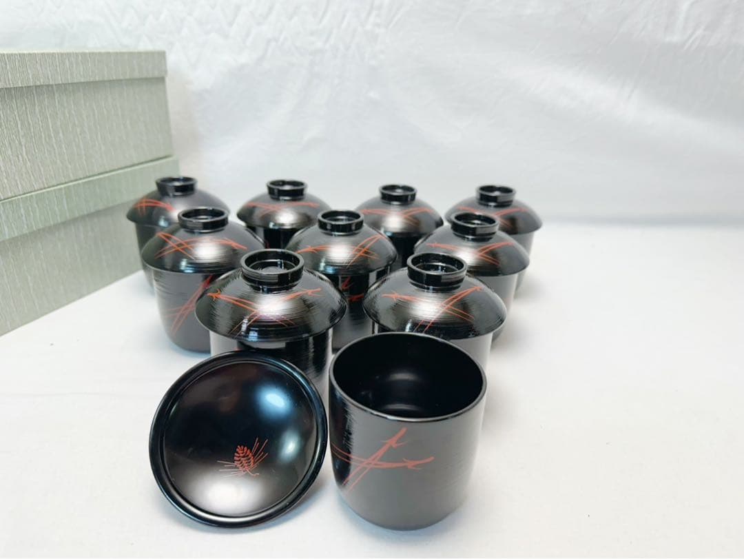 ほぼ未使用 懐石道具 木製黒塗 松葉蒔絵 箸洗い 十客揃 見返し蒔絵 元箱