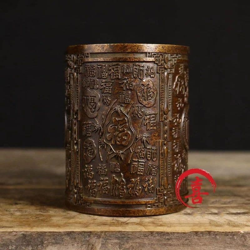 銅 細工 レリーフ百福筆筒 収納箱書道具 文房具 装飾品 工芸品 置物