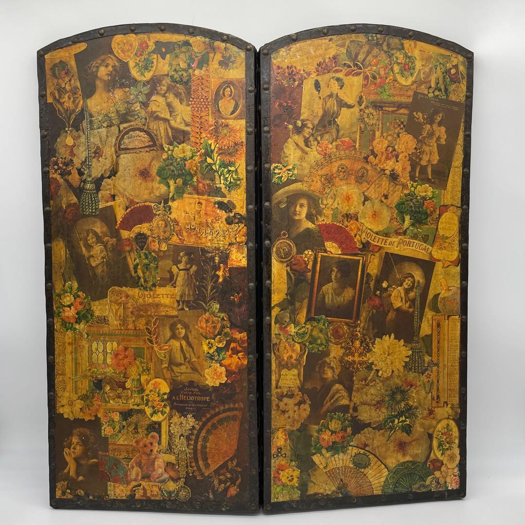 海外製　ヴィンテージ　アンティーク　デコパージュパネル　スクラップスクリーン