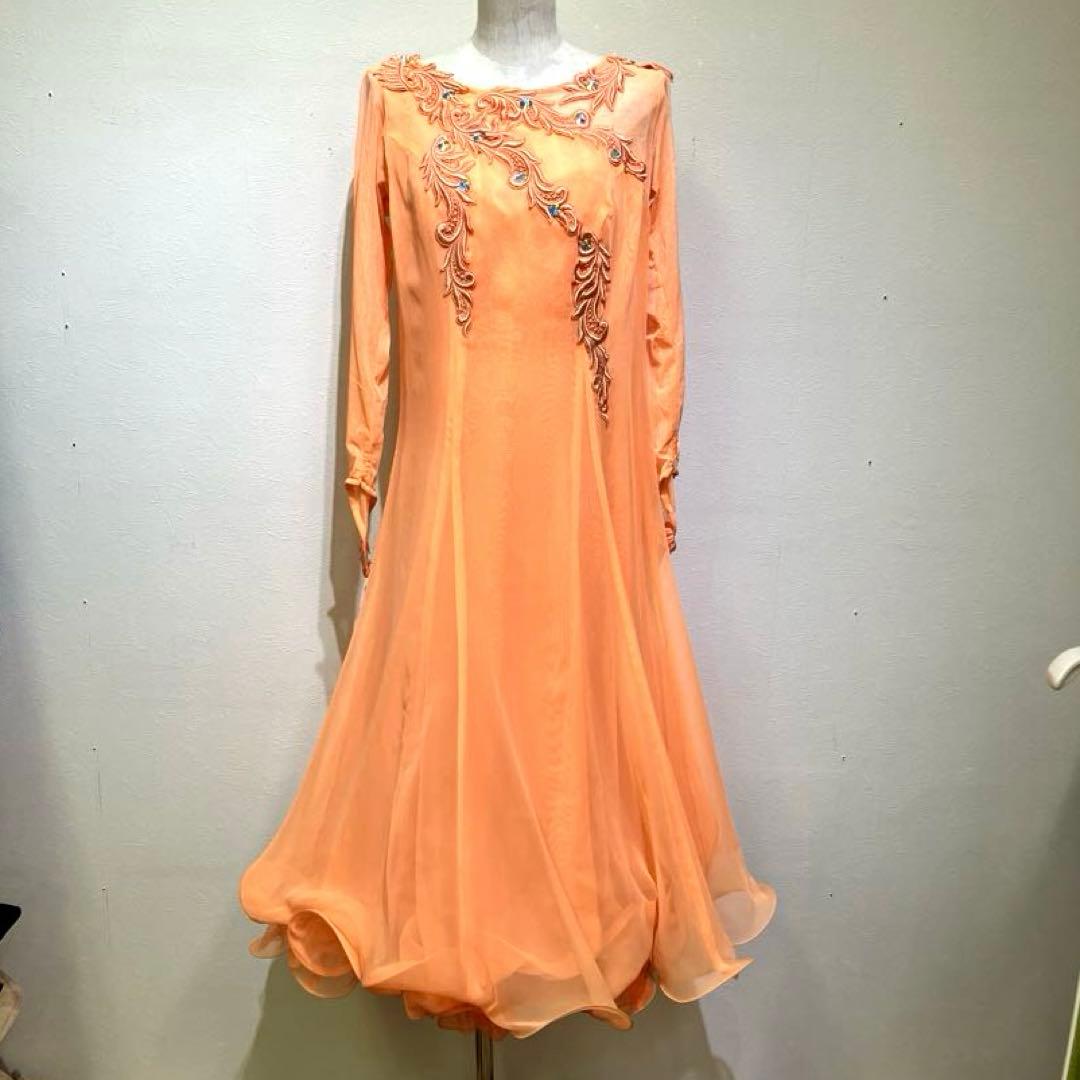 社交ダンス　スタンダードドレス　モダンドレス　オレンジ　スパンコール　刺繍