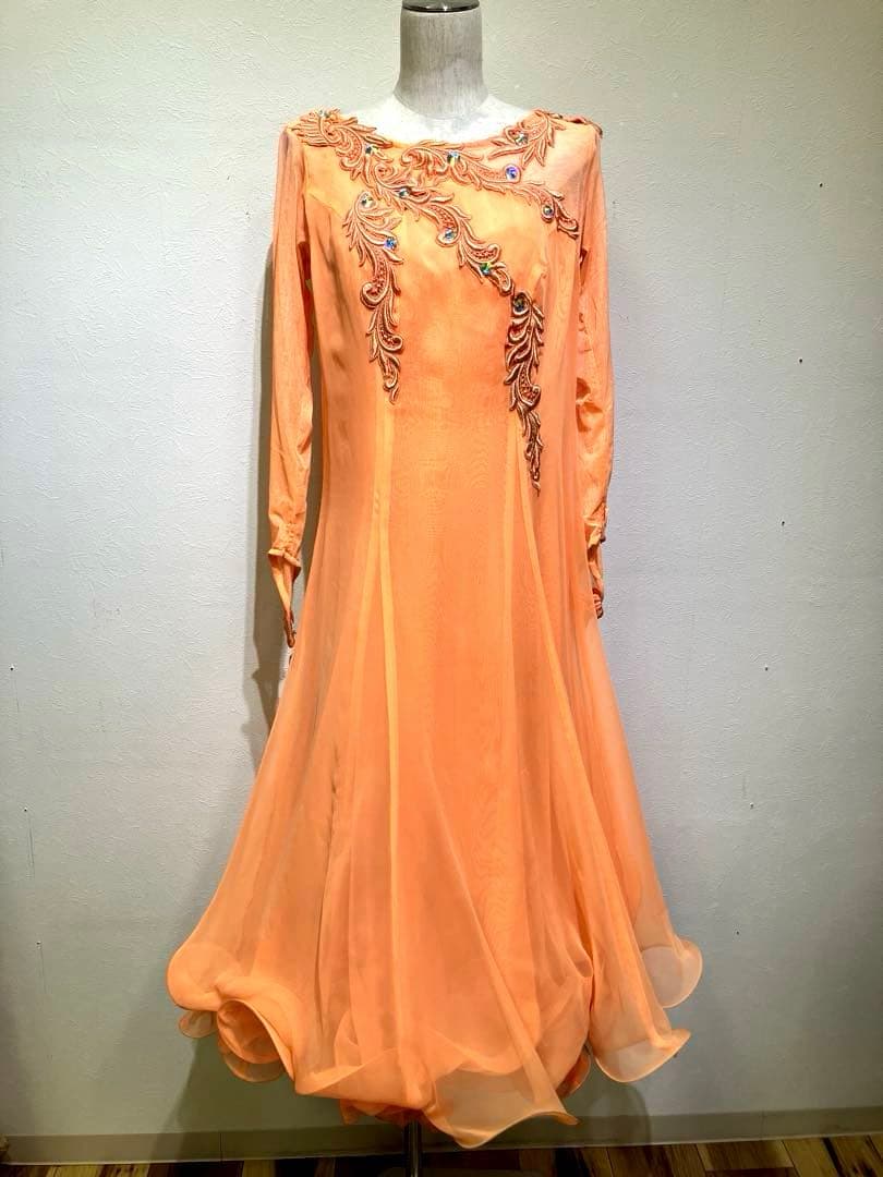 社交ダンス　スタンダードドレス　モダンドレス　オレンジ　スパンコール　刺繍