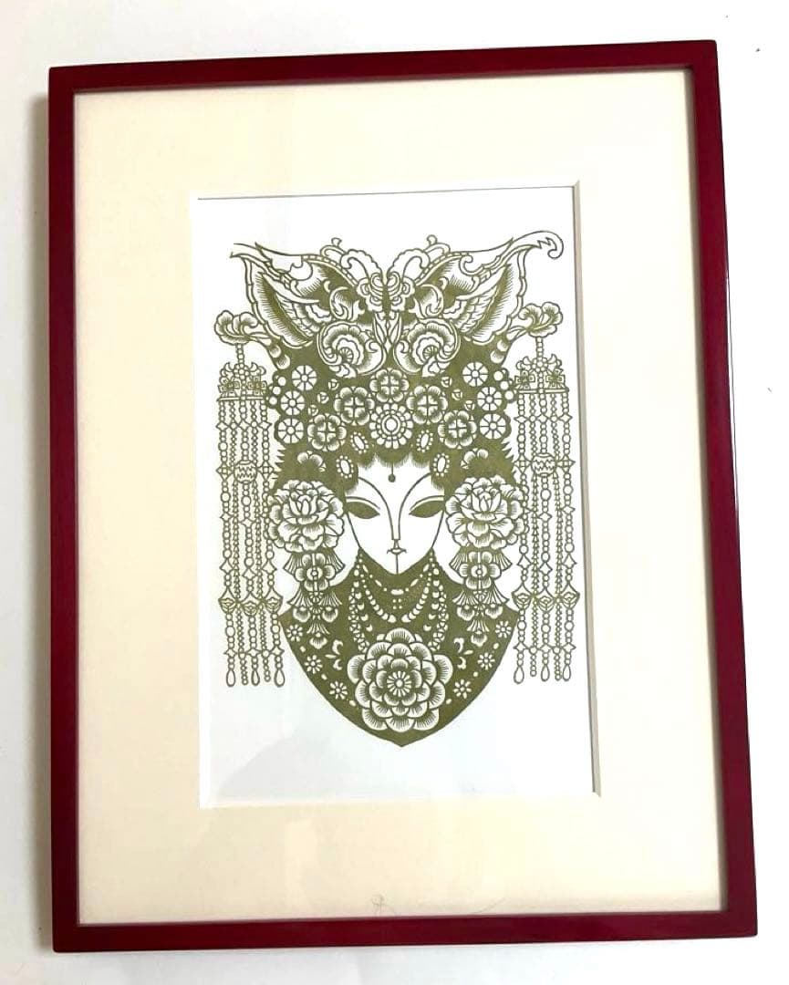 未使用美品　剪紙　中国伝統工芸品　切り絵細工　イタリア製高級額縁