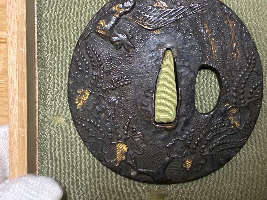 銅製 鳳凰 桐紋 象嵌 彫刻 鍔(つば) 時代物 箱入