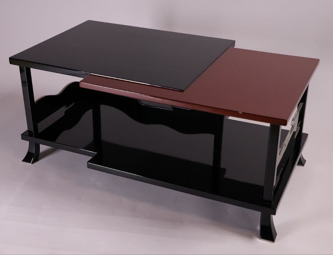 漆芸 二段卓 黒塗 うるみ塗 木製 錫覆輪 54.2cm 花台 古道具【MB58