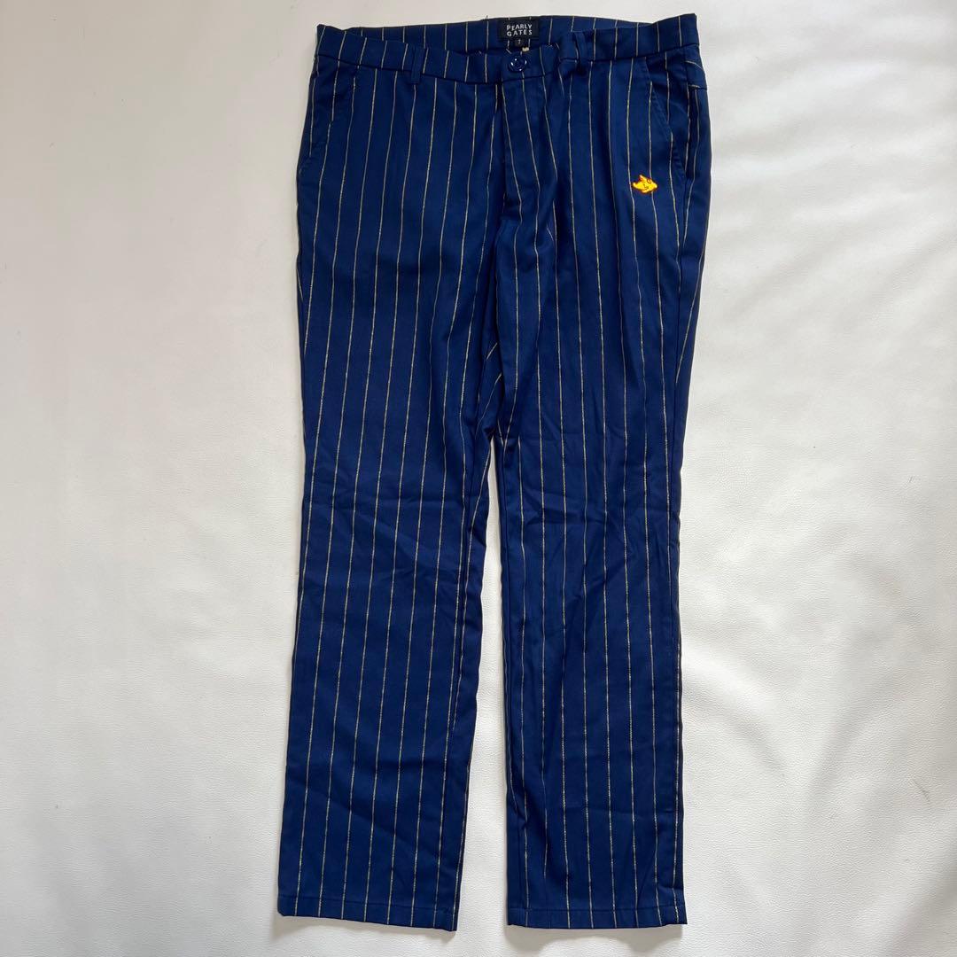 【大きいサイズ】パーリーゲイツ ゴルフパンツ ストライプ 紺×金 花柄 伸縮性