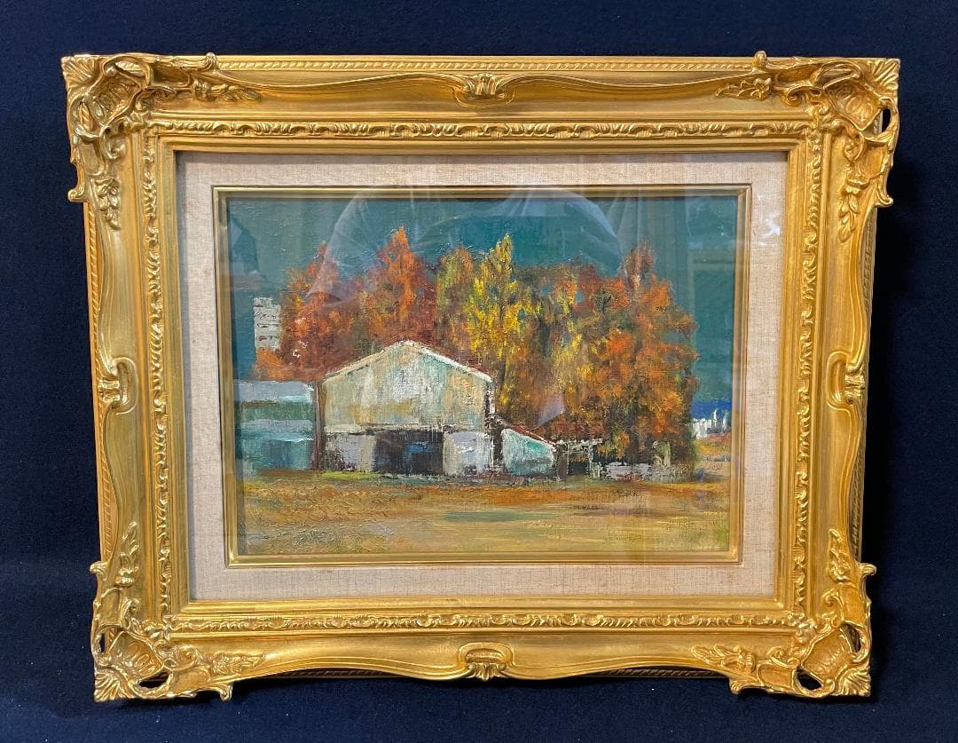 「真作」島村義一「晚秋」風景画　油彩画　額装　サイン有り　F4号