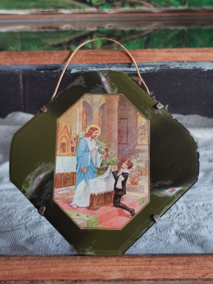 アンティーク 初聖体記念 キリストと少年 美しい八面体壁掛け深緑ガラスパネル