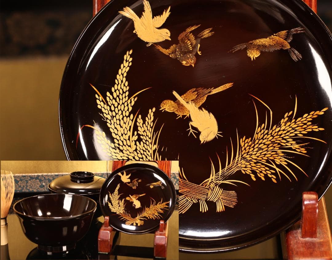 BK408　時代輪島塗　稲穂雀図金蒔絵　吸物椀　二客　木製　茶道具 懐石 会席