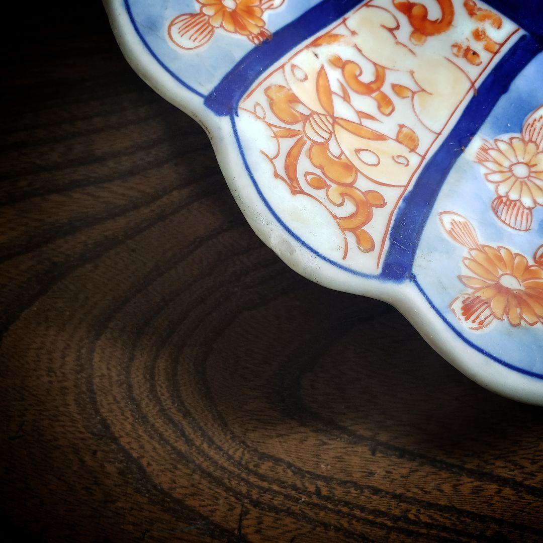 古伊万里　染付　赤絵　変形皿　貝型　蝙蝠　蝶　唐草　明治　訳あり