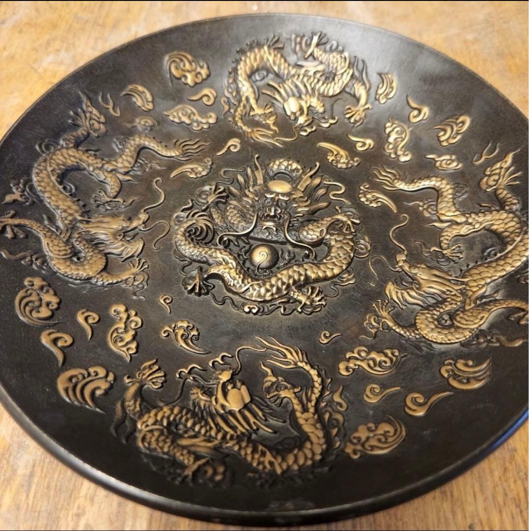 清代乾隆年製紫銅招き龍盤 置物実心銅皿