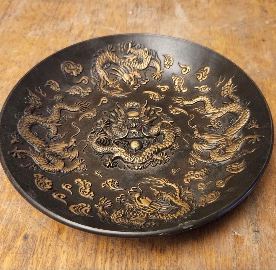 清代乾隆年製紫銅招き龍盤 置物実心銅皿