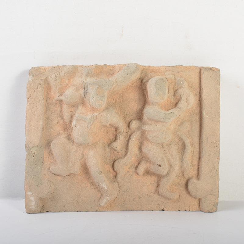 中国　朱泥　人物刻　陶版　壁飾　V　R6812