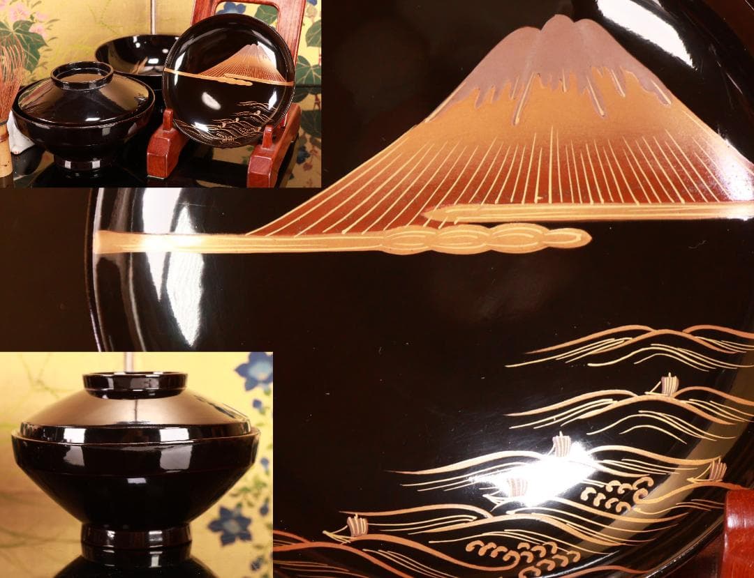 BJ022　時代輪島　雲上富士図金蒔絵　吸物椀　二客　木製　茶道具　懐石　菓子