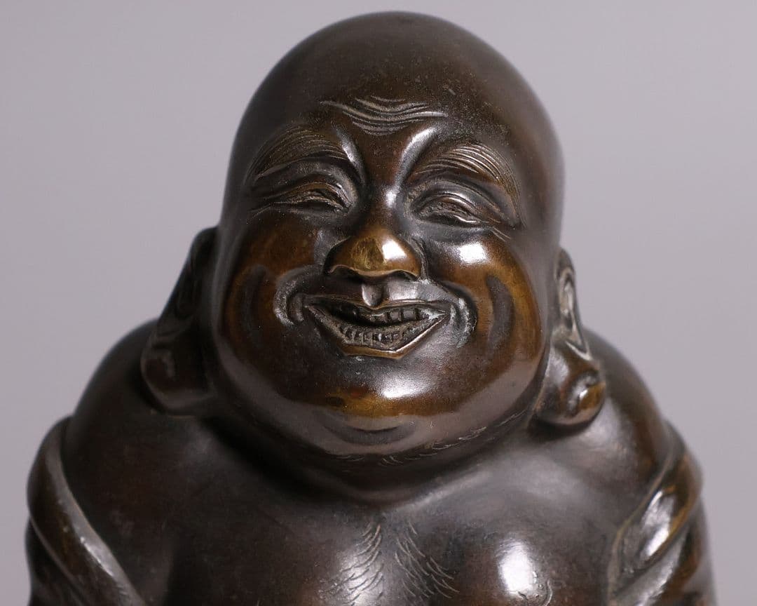 時代 銅製 晴珉造 布袋像 18.4cm 明治金工 置物 七福神 縁起【M415