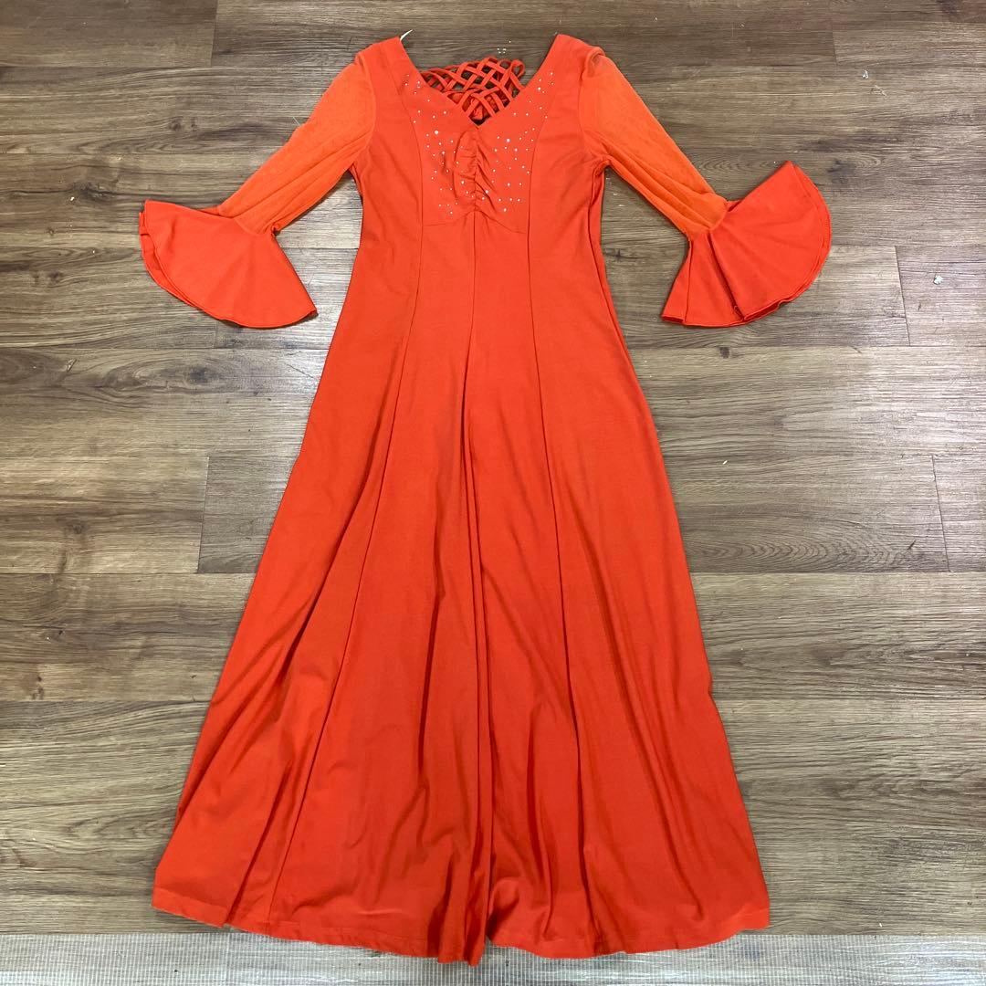 2.3 社交ダンス 舞台衣装 フレアスリーブ ロングドレス オレンジ 衣装