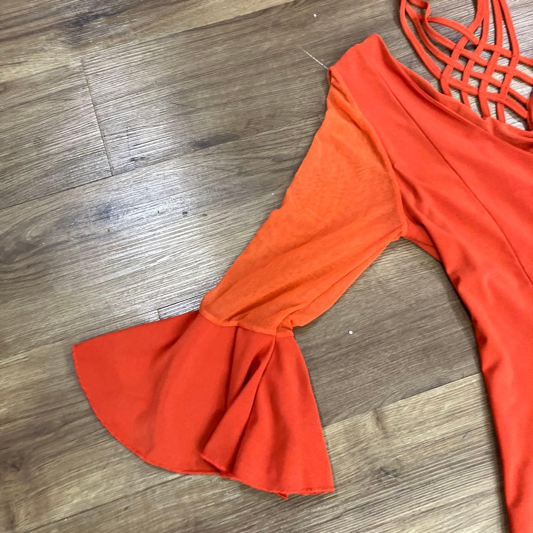 2.3 社交ダンス 舞台衣装 フレアスリーブ ロングドレス オレンジ 衣装