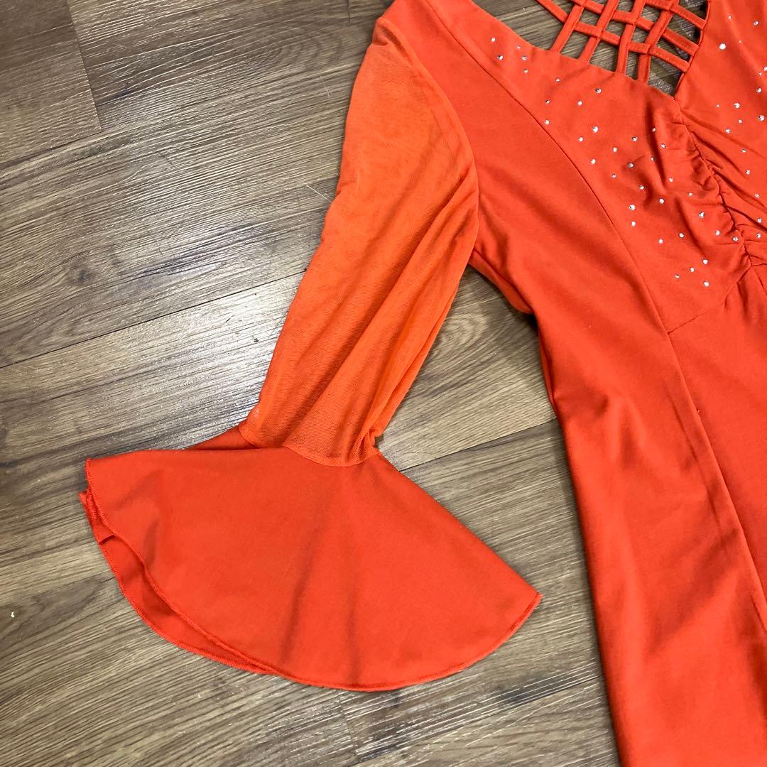 2.3 社交ダンス 舞台衣装 フレアスリーブ ロングドレス オレンジ 衣装