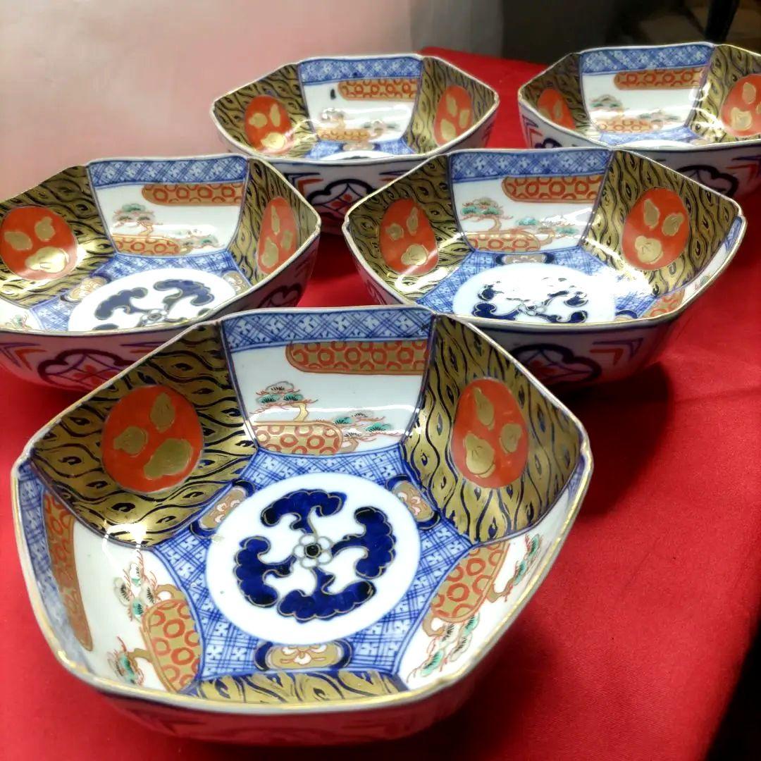 大聖寺伊万里焼　九谷焼　古九谷　金彩　五彩錦手　小皿　小鉢　なます皿　5客　①