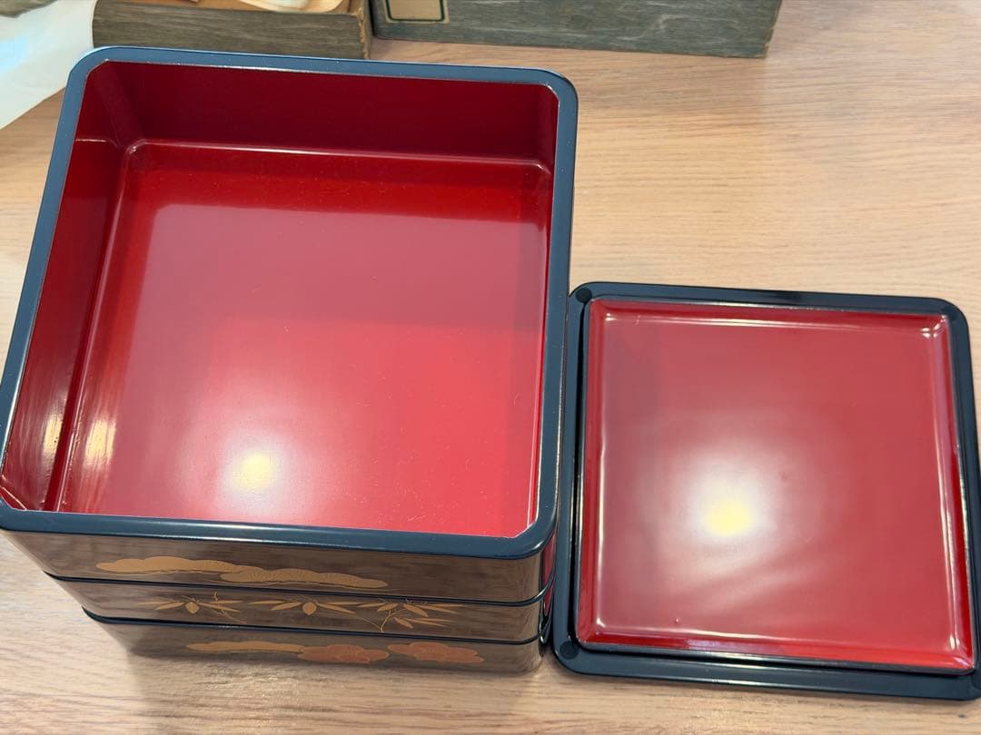 【未使用】漆器 3段 重箱 松竹梅 お重 箱付き