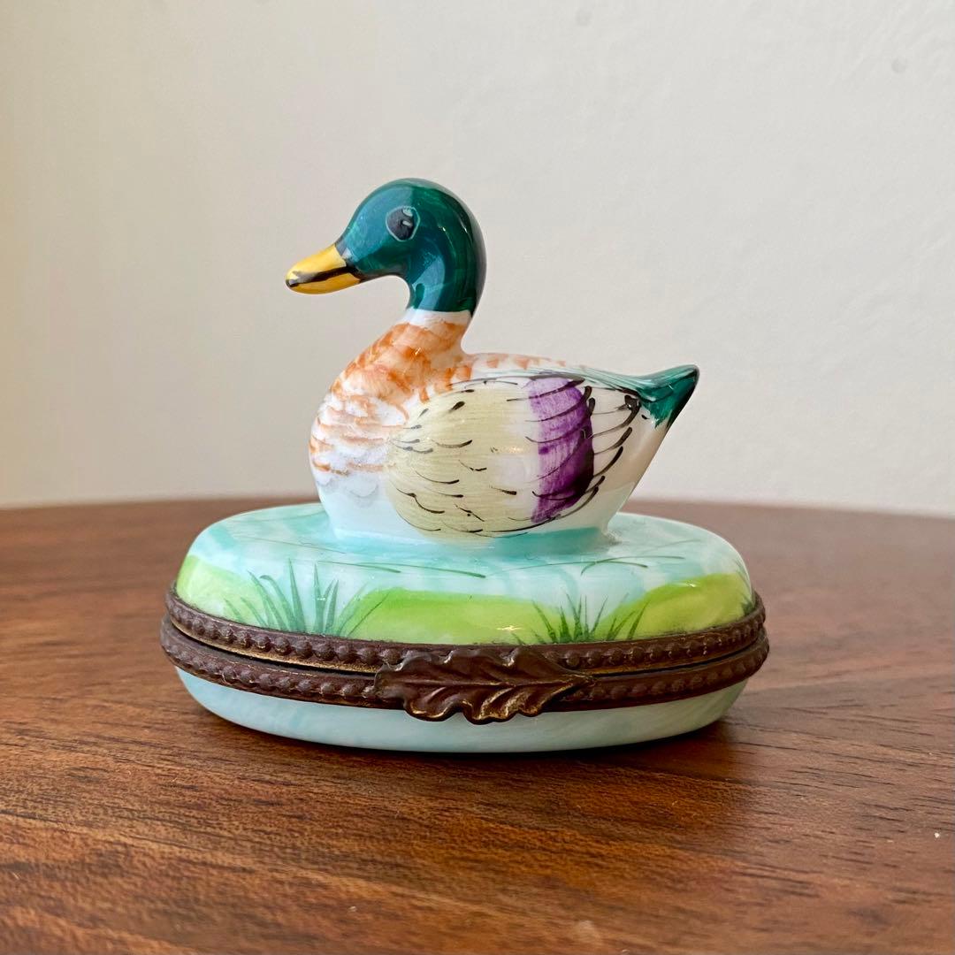 フランス ヴィンテージ リモージュ 手描 鴨 フィギュリン 小物入 ピルケース