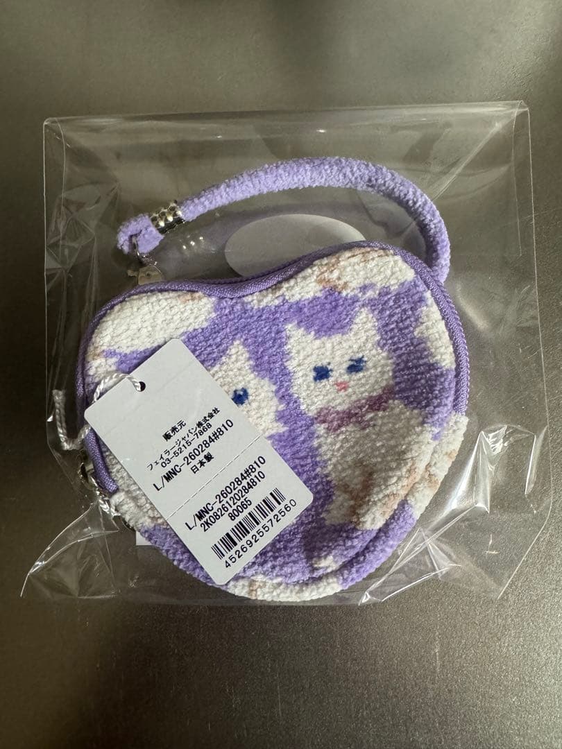 FEILER 猫柄 ハート型ポーチ パープル　モフモフネコチャン