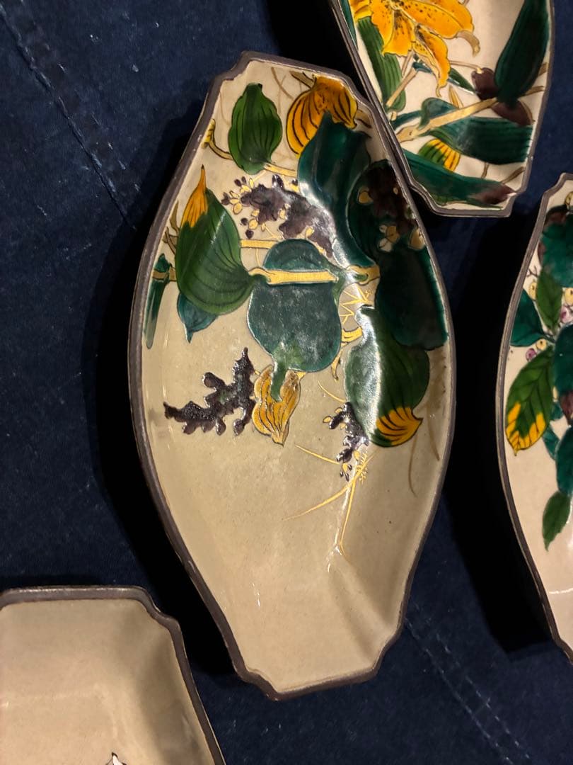 九谷焼　青手　絵がわり　菱皿　5枚　手描き　金彩　古手 傷無し　古九谷写