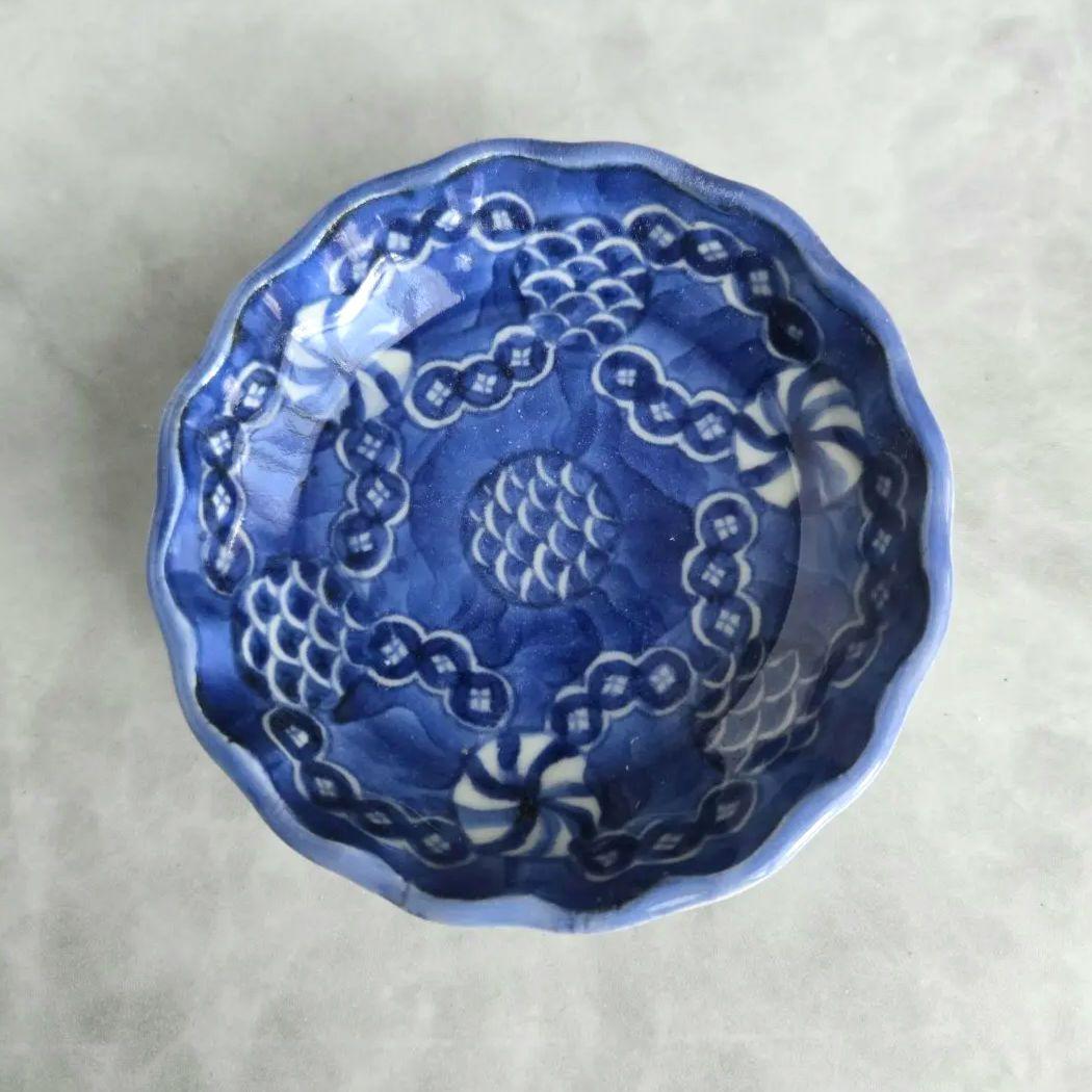 古伊万里　染付　豆皿　小皿　七宝繋ぎ　江戸時代　骨董　金継ぎ　アンティーク