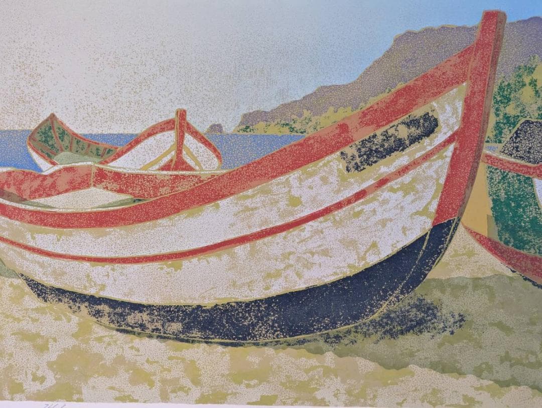 【真作】版画　山家久幸　シルクスクリーン　ナザレ海岸　浜辺の風景版画　Z45