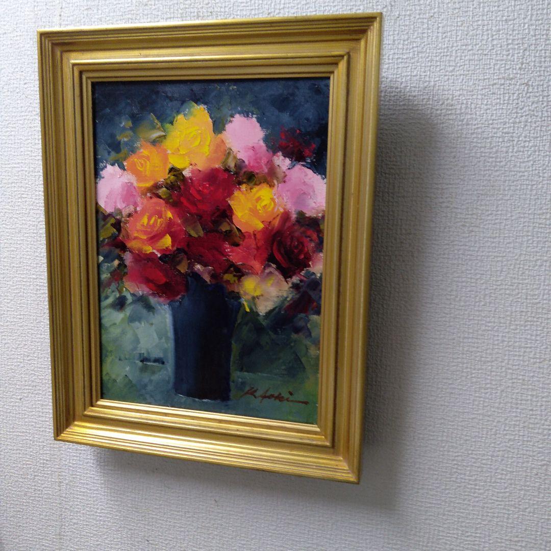 肉質油絵　立て　バラの花と花瓶　青木今陽　額装仕上げ品